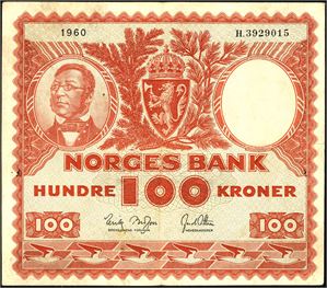 100 kr 1960, serie H.3929015. En ørliten flekk i venstre side. 1-