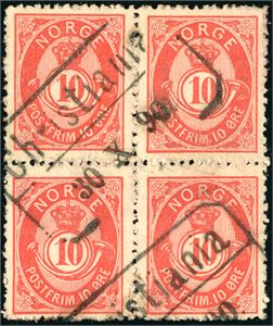 53 IVb. 10 øre 20 mm i 4-blokk, stemplet "Christiania 30.10.90".