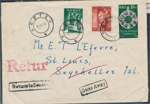 NK 380,383 og 418 på pent brev til Seychellene. St "Horten 31-10-53". Sent i retur. Bak st "Senderen Ukjent". Pent