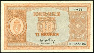 To stk 10 kroner. Hhv.: 1951, serie R.0388103 og 1952, serie V.3838296. 01