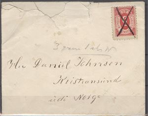 Kristiansund Bypost II nr 1 (S&A/ Pihl) .  Frimerket (5 øre) er påsatt en konvolutt og blekkrysset.  Brevet er adressert til Kristiansund, og 5 øre tilsvarer lokalporto i denne perioden.  Da brevet ikke bærer noe bypoststempel kan det ikke med sikkerhet fastslås at brevet har vært utbragt med byposten.   Konv. har rifter og skader oppe.   Attest NF