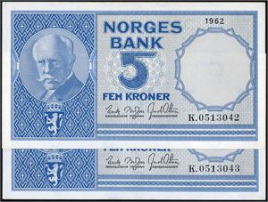 To stk 5 kroner 1962, serie K i rekke. Hhv. nr 0513042/43. 0