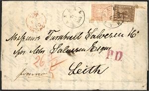 9,10. 32 skillings porto til Skotland. 8 skill og 24 skill på komplett brev til Leith, stemplet "Mandal 24.12.1864". Ved siden "London Ja 3 1865". Baksiden med stempler fra "Svinesund" "Lübeck" og "Edinburgh".