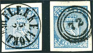 1. To 4 skilling våpen 1855, stemplet med hhv. "Flekkefjord" og nummerstempel "72". Begge med gode- til normale marger.