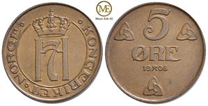 5 øre 1908 Haakon VII. Kv.0