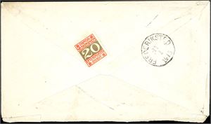 Two american 4 c on envelope to St. Croix, cancelled "Frederiksted 11.1.1913" and line mark "Consignee´s Mail" in lillac. "Per S.S. Parima" in lower left part. One 20 BIT Postage Due at reverse with postmark "Frederiksted 11.1.1913" at side. Cert. C.Aa. Møller.