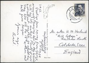 55 øre Olav på postkort, annullert med hjelpestempel "Mjølfjell 9.4.62" (HO).