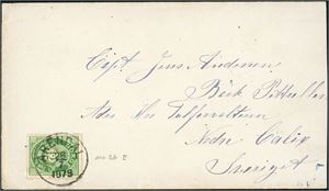 26. 12 øre skravert Posthorn på konvolutt, stemplet "Arendal 26.7.1879". Svensk jernbanestempel på baksiden.