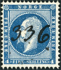 4. 4 skilling Oscar, anert med håndskrevet nummer "336" (Vefsen, NO).