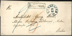 Ufrankert brevomslag, stemplet "Sandøsund 30.10.1855", og "Aus Dänemark." (i ramme) og sendt til Berlin. Satt i porto med 9 Sgr hvorav 6 Sgr var for Norsk/dansk- og sjøportoen.