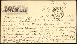 10 øres Brev-kort, stemplet "Nordlands Amb. Postexp. 12.7.1880" og sendt til England. Baksiden med fin tegning av Nordkapp, og kortet er datert "Nord Kap July 8-80". Ankomststemplet "Stoke-on-Trent A jy 19 80". Meget tidlig dato fra Nordkapp!