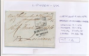 Brev fra Christiania 15. nov 1838 til London. God stempeldokumentasjon på ruten