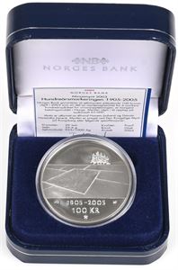 Mynt 100 kr Hundreårsmynten 2003 Landbruk. 33.6 gram .925 sølv. Kvalitet proof . Kapsel og etui fra Norges Bank