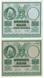 50 kroner 1957 med type I og II vannmerke. VK.