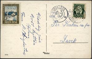 392. 20 øre Posthorn på postkort, annullert med KPH "Midtre Nordfjord" (7 pkt). Merket med noen litt brune tagger.