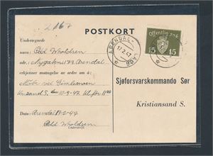 Postkort stemplet "ARENDAL-NELAUG 17.2.47" (Grad 7)