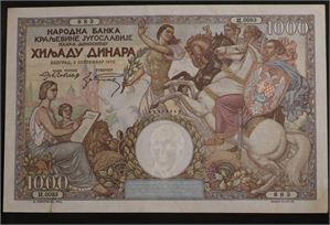 1000 dinara 1935 Jugoslavia 1+ Tapet rift 10 mm, noe misfarget, sjelden