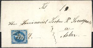 4. 4 skilling Oscar på komplett brev, anert med håndskrevet "Dovre 25/3" og sendt til Asker. Transittstemplet "Christiania" i 1863 på baksiden.