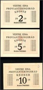 Vestre Eina Provianteringsråd 1919. 2 kr, 5kr og 10 kr rabatmerke 1919. 10 kr med håndskrevet nr. 3. Hhv 0, 0/01 og 01 (Svak midtbrett og svak brun flekk).