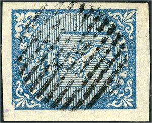 1. 4 skilling våpen 1855, variant "Oppgravert hjørne" (D 34), anert med et lett riststempel . Tre gode marger, normal i høyre side.