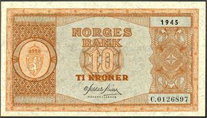 10 kroner 1945, serie C.0126897. 0