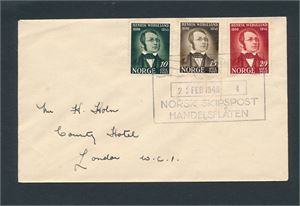 Nk 339-41 Wergeland på brev til London stemplet "NORSK SKIPSPOST HANDELSFLÅTEN  22 FEB 1946 4". Selgs as-is