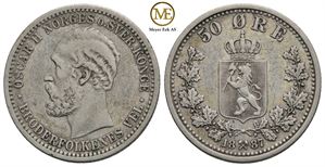 50 øre 1887 Oscar II. Kv.1+