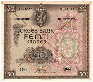 50 kroner 1944 London utgaven med kryss. Kv.0/01