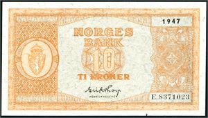 To stk 10 kroner fra 1947. Hhv.: serie E.8371023 og F.4302267. 01