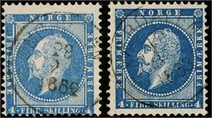 NK 4b. MOSVIGEN (sj.6) og VÆRDALEN (sj.4). Lott to merker med stempler fra Nord-Trøndelag fylke. Veldig forskjellig nyanse.