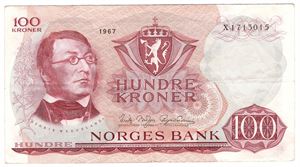 100 kroner 1967 X.1713015. Erstatningsseddel. Kv.1