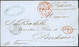 A complete letter from Saint-Thomas 30thSeptember 1866, and sent to Bordeaux. "London D Paid A 15 Oc 66!, "PD" and "Angl Calais" on front, and "St. Thomas Oc 1 1866", "Paris A Bordeaux" and arrival postmark "Bordeaux 17 Out 66" on reverse.