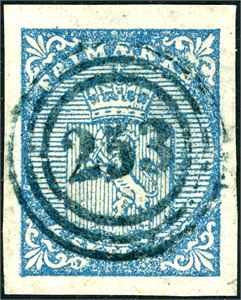 1. 4 skilling våpen 1855, anert med nummerstempel "253" (Sandefjord) i blå farge. Gode marger.