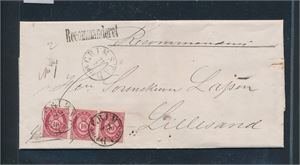Rekbrev med 3-stripe røde 10ører stemplet "GRIMSTAD 21-2-1878" til Lillesand