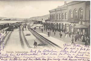 Drammen, Jernbanestationen.  (K.8494) st. Drammen 19-X-04.  Mye folk og tog.  (E.J)