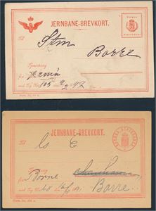 JERNBANE, To jernbane brevkort. Forskjellige. Begge brukte og sent fra Borre i hhv 1891 og 1899