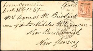 Z 10 (95). DWI. 4d orange (pl.13) on envelope, cancelled with duplex "St-Thomas Ja 16 74 Paid C 51" and sent to New Jersey, U.S.A. The US postmark "New York U.S. Currency Jan 31 Due 10" at side. The stamps with faults because the perifer place on the letter. The flap on the reverse is missing.