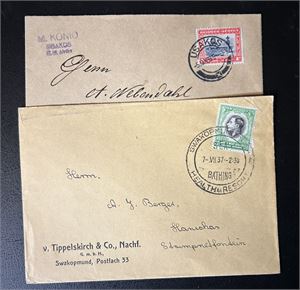 SOUTH WEST AFRICA 2 lokale brev stemplet "SWAKOPMUND 1937" og "USAKOS 1938"