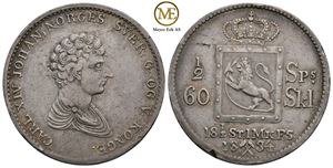 1/2 speciedaler 1834 Carl XIV Johan. Kv.1+