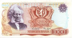 1000 kroner 1983 Z.0115727 erstatningsseddel. Kv.1