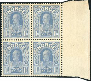 111. 1 1/2 kr Haakon 1911 fra 1.trykkingen i 4-blokk. Største kjente enhet. (Facit 30.000).
