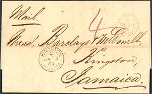 DWI. A complete unfranked letter, with "St. Thomas Paid A De 30 64" cds and sent to Jamaica. Arrival postmark "Kingston Jamaica C Ja 4 64" at side.