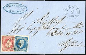 4,5. 12 skillings porto til Danmark. 4 skilling- og 8 skilling Oscar på brevomslag til Kjøbenhavn, stemplet "Kragerø 17.8.1860". Ankomststempel på baksiden. Attest Enger.