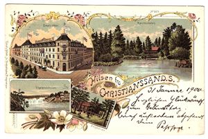 HILSEN FRA CHRISTIANSSAND S (Ernst Hotel). Udelt bakside, sendt til Tyskland 1900