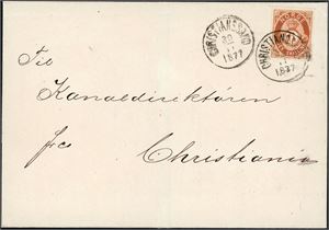 20. 6 skilling Posthorn på dobbeltvektig brevomslag, stemplet "Christianssand 30.11.1877".