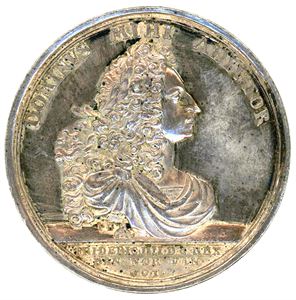 Frederik IV. Opphevelsen av Frederikstens beleiring 1718. Peter Berg. Sølv. 61 mm. Svakt oppgravert/slightly tooled. Galster 313. 01/1+