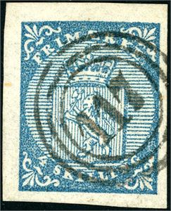 1. 4 skilling våpen 1855, anert med nummerstempel "117" (Hjertdal, TE, 7 pkt). Tre gode marger, normal i høyre side.