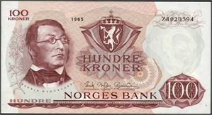 100 kr 1965, serie Z 8020594. Erstatningsseddel, 8-mill. 0/01