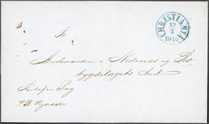 Brevomslag, stemplet "Christiania 12.3.1849" (t. III A) og sendt til Nedenes. Dette er seneste kjente bruksdato for dette stempelet.