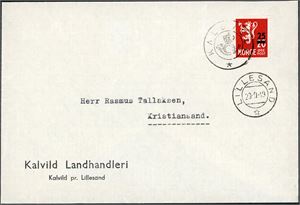 375. 25 øre Løveprovisorie på konvolutt, annullert med KPH "Kaldvell" (AA, 9 pkt) og ved siden stemplet "Lillesand 23.9.49". Konvolutten med logo fra "Kalvild Landhandleri".